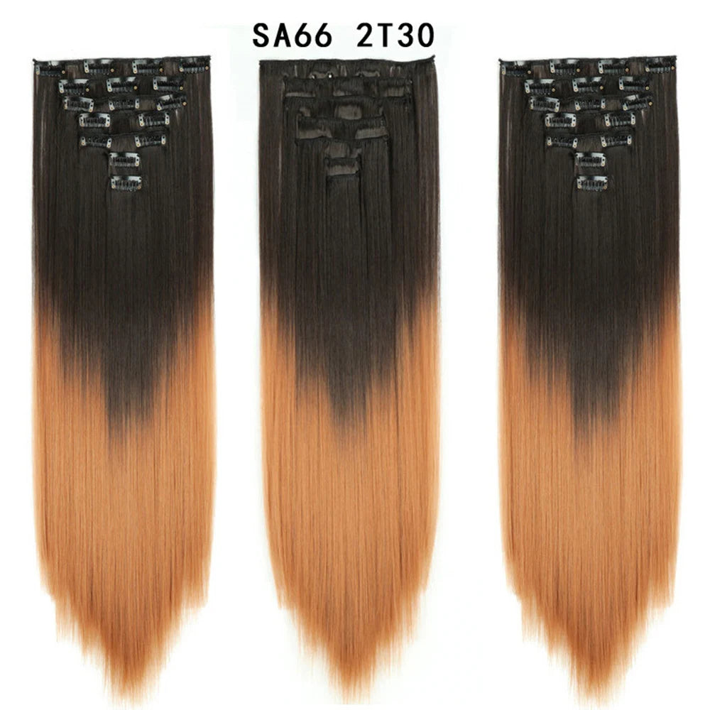 Buabuda-extensiones de cabello sintético largo y liso, 16Clips, fibra de alta temperatura, color rubio, negro y marrón