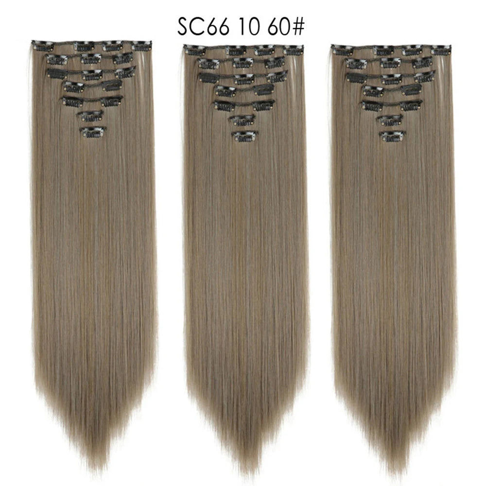 Buabuda-extensiones de cabello sintético largo y liso, 16Clips, fibra de alta temperatura, color rubio, negro y marrón