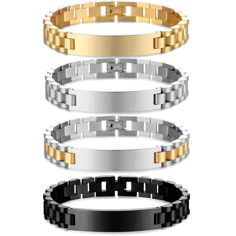 Pulseras personalizadas para hombres y mujeres, placa con nombre, cadena dorada de acero inoxidable, pulsera con nombre de identificación de pareja personalizada