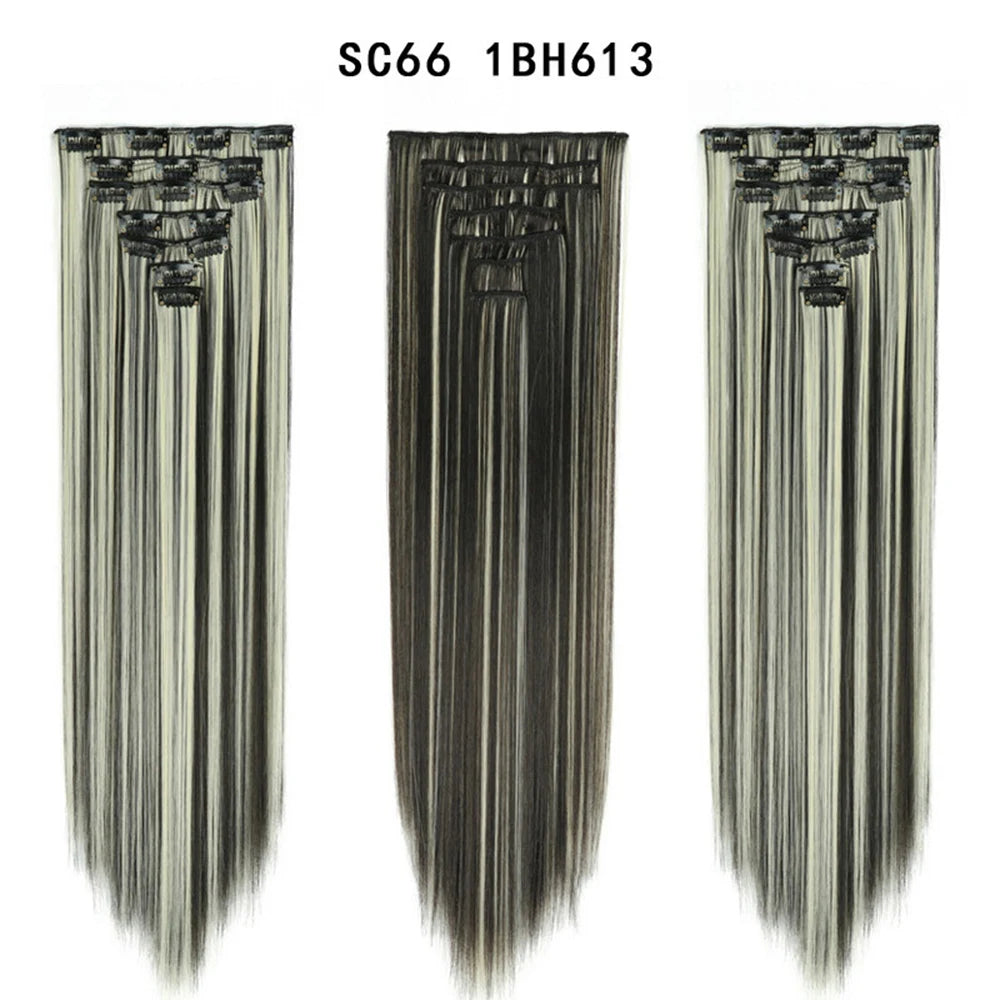 Buabuda-extensiones de cabello sintético largo y liso, 16Clips, fibra de alta temperatura, color rubio, negro y marrón