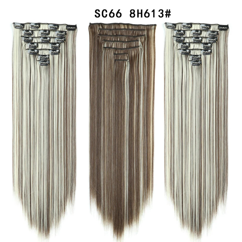 Buabuda-extensiones de cabello sintético largo y liso, 16Clips, fibra de alta temperatura, color rubio, negro y marrón