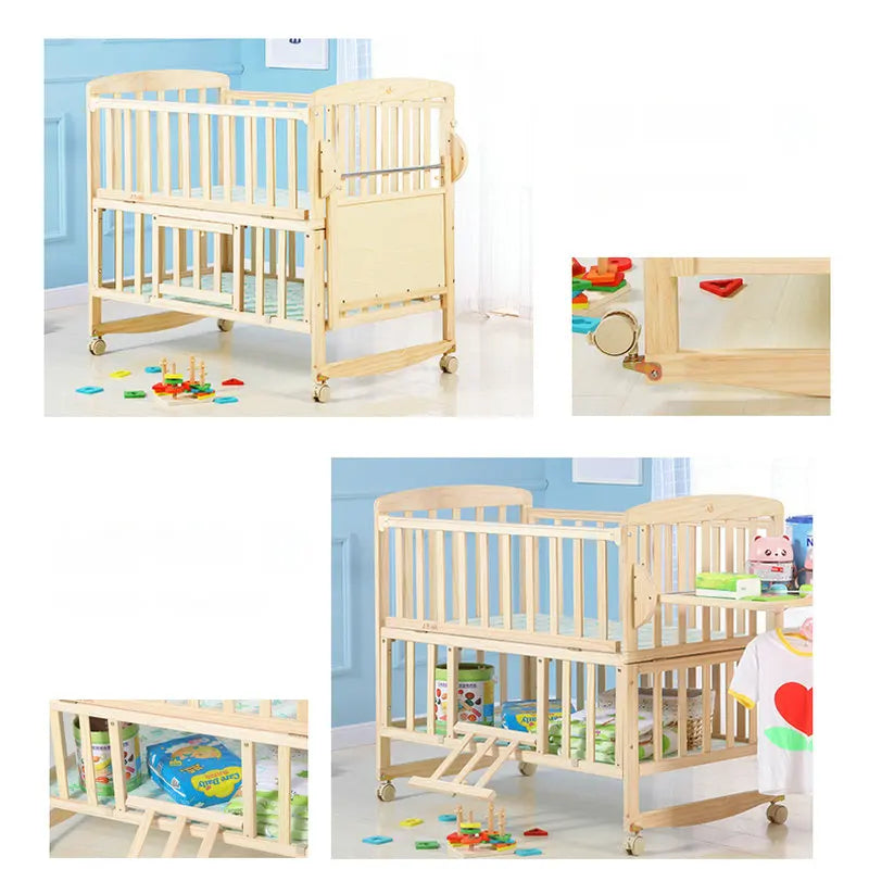 Beedome Pine Baby Cuna con estante, puede extender a una cama para niños de 1,4 metros, mecedora con 4 ruedas