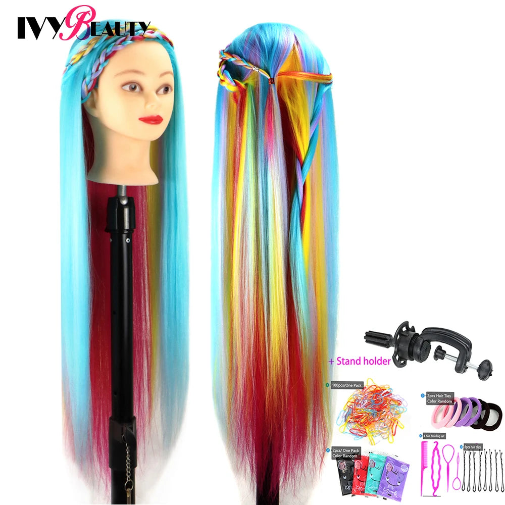 Cabeza de muñeca de maniquí de cosmetología con pelo de Color arcoíris para trenzar el cabello, entrenamiento de peinado, exhibición de salón de peluquería