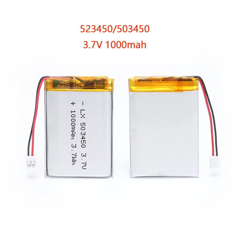 Batería Recargable de Litio Polímero de 1000 mAh y 3.7 V, Batería de Iones de Litio 523450/503450, PH2.0 de 2 Pines para GPS, Teléfono Inteligente, DVD, MP5