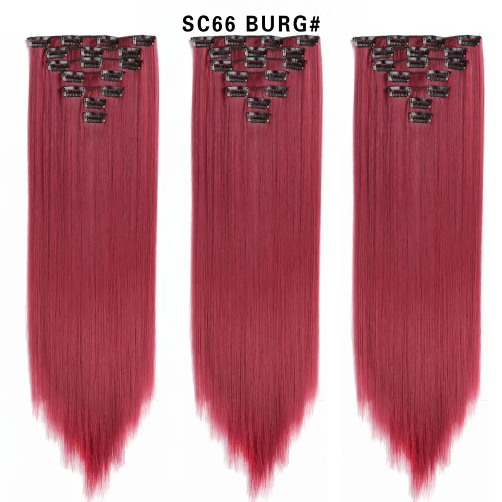 Buabuda-extensiones de cabello sintético largo y liso, 16Clips, fibra de alta temperatura, color rubio, negro y marrón