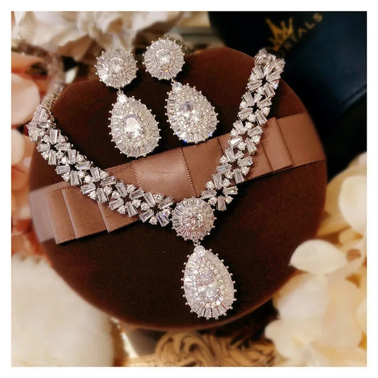 Conjuntos de joyería nupcial para mujer, pendientes de gota de aguja de plata S925, collares, colgantes, corona, boda, accesorios de circonita cúbica