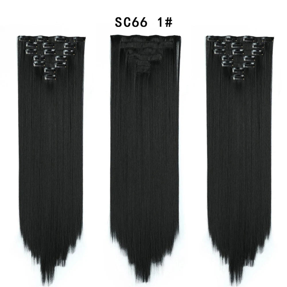 Buabuda-extensiones de cabello sintético largo y liso, 16Clips, fibra de alta temperatura, color rubio, negro y marrón