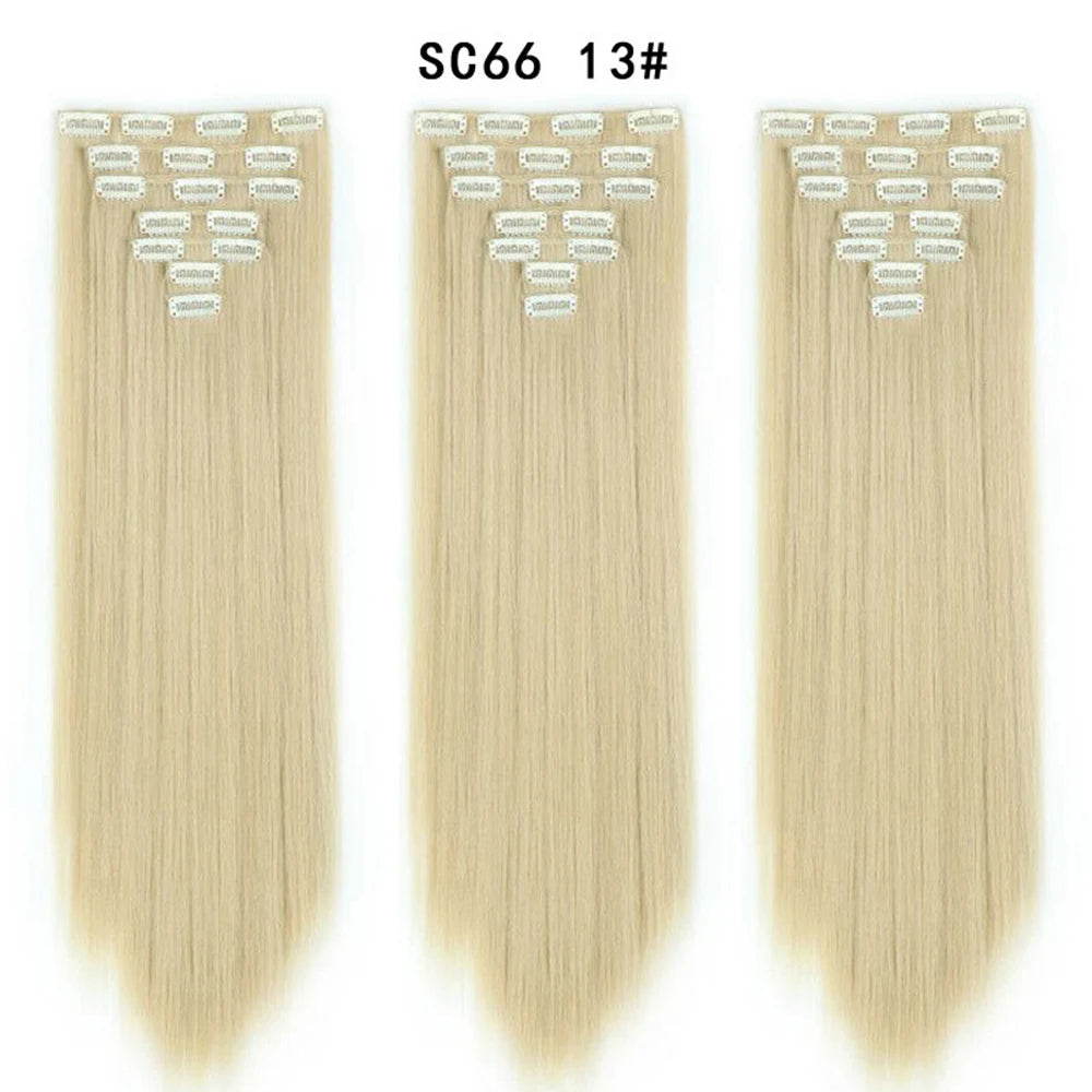 Buabuda-extensiones de cabello sintético largo y liso, 16Clips, fibra de alta temperatura, color rubio, negro y marrón