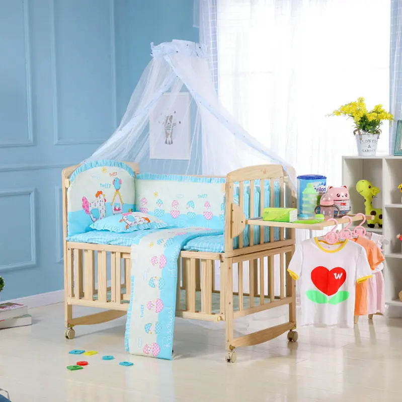 Beedome Pine Baby Cuna con estante, puede extender a una cama para niños de 1,4 metros, mecedora con 4 ruedas