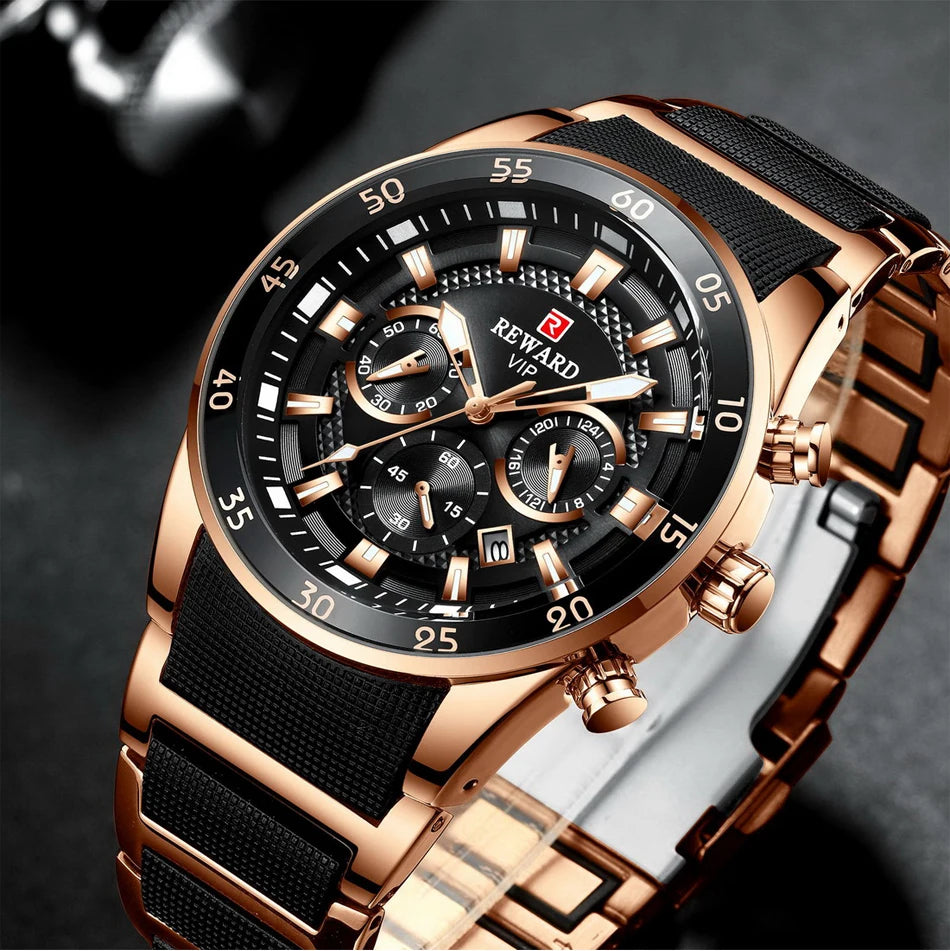 REWARD Relojes para hombre con esfera grande, marca de lujo, reloj deportivo resistente al agua, cronógrafo para hombre, reloj de cuarzo, relojes de pulsera con fecha automática