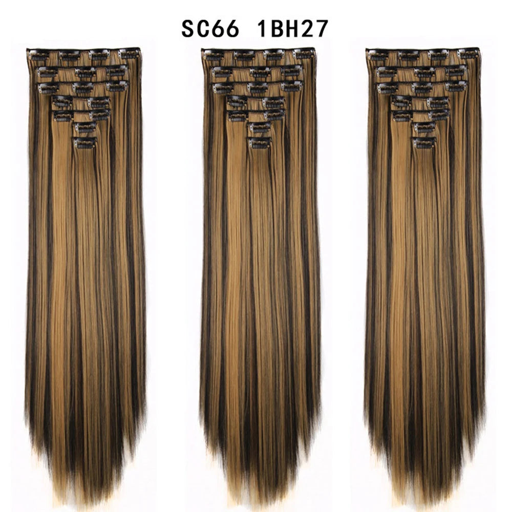 Buabuda-extensiones de cabello sintético largo y liso, 16Clips, fibra de alta temperatura, color rubio, negro y marrón