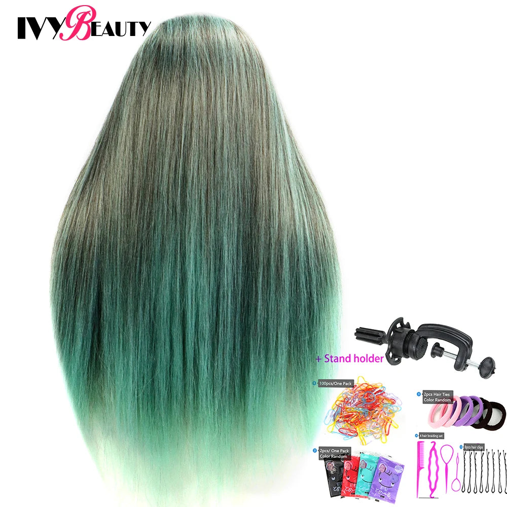 Cabeza de muñeca de maniquí de cosmetología con pelo de Color arcoíris para trenzar el cabello, entrenamiento de peinado, exhibición de salón de peluquería