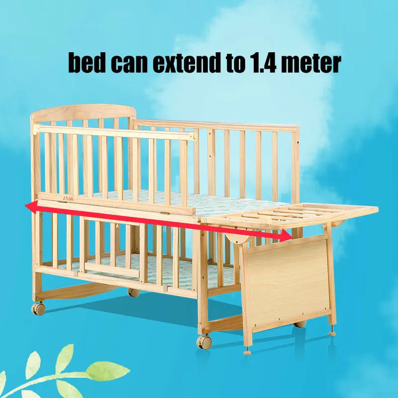 Beedome Pine Baby Cuna con estante, puede extender a una cama para niños de 1,4 metros, mecedora con 4 ruedas