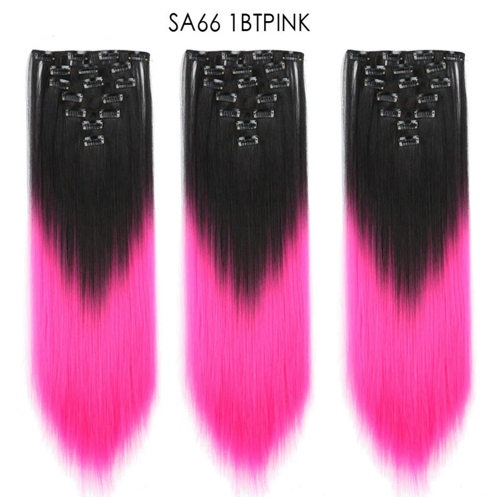 Buabuda-extensiones de cabello sintético largo y liso, 16Clips, fibra de alta temperatura, color rubio, negro y marrón