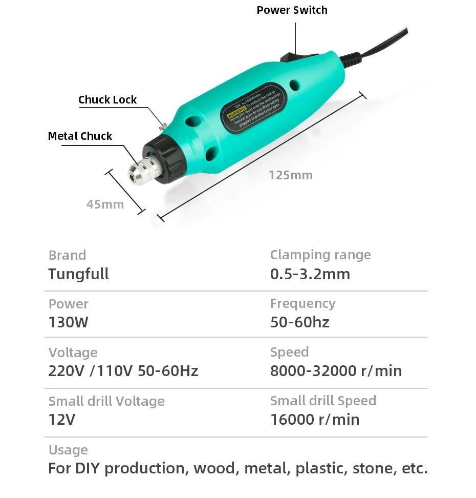 Tungfull-Mini taladro eléctrico, accesorios de brocas, herramientas de carpintería, velocidad Variable, herramienta rotativa eléctrica, Mini amoladora de taladro