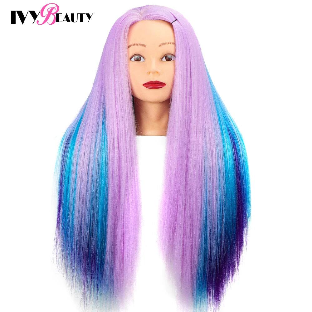 Cabeza de muñeca de maniquí de cosmetología con pelo de Color arcoíris para trenzar el cabello, entrenamiento de peinado, exhibición de salón de peluquería