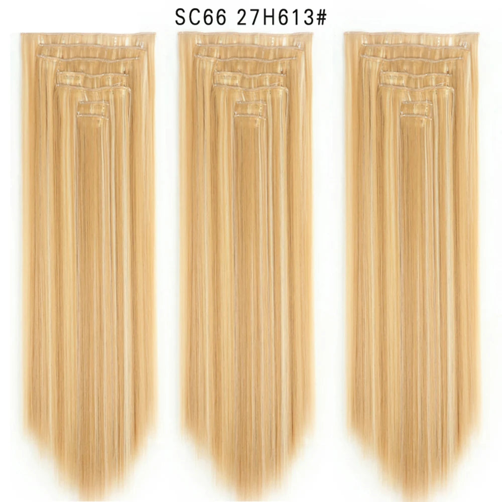 Buabuda-extensiones de cabello sintético largo y liso, 16Clips, fibra de alta temperatura, color rubio, negro y marrón