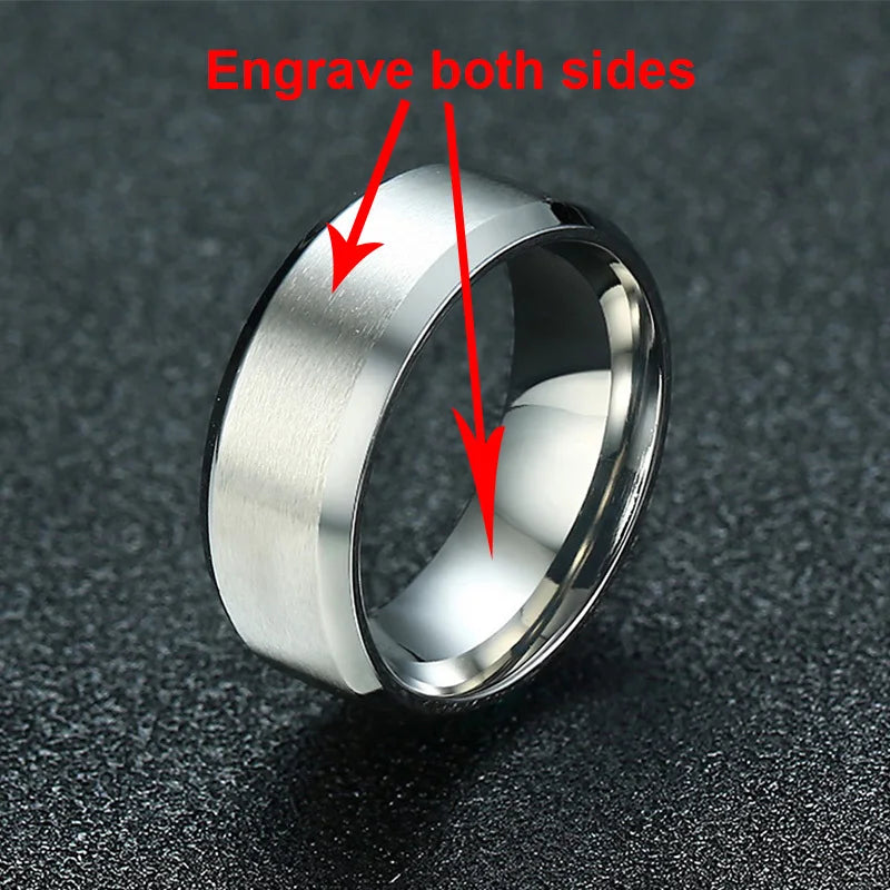 Vnox-Anillo de boda personalizado de acero inoxidable para hombres y mujeres, anillo central cepillado con borde biselado, banda negra, nombre grabado, letra, fecha