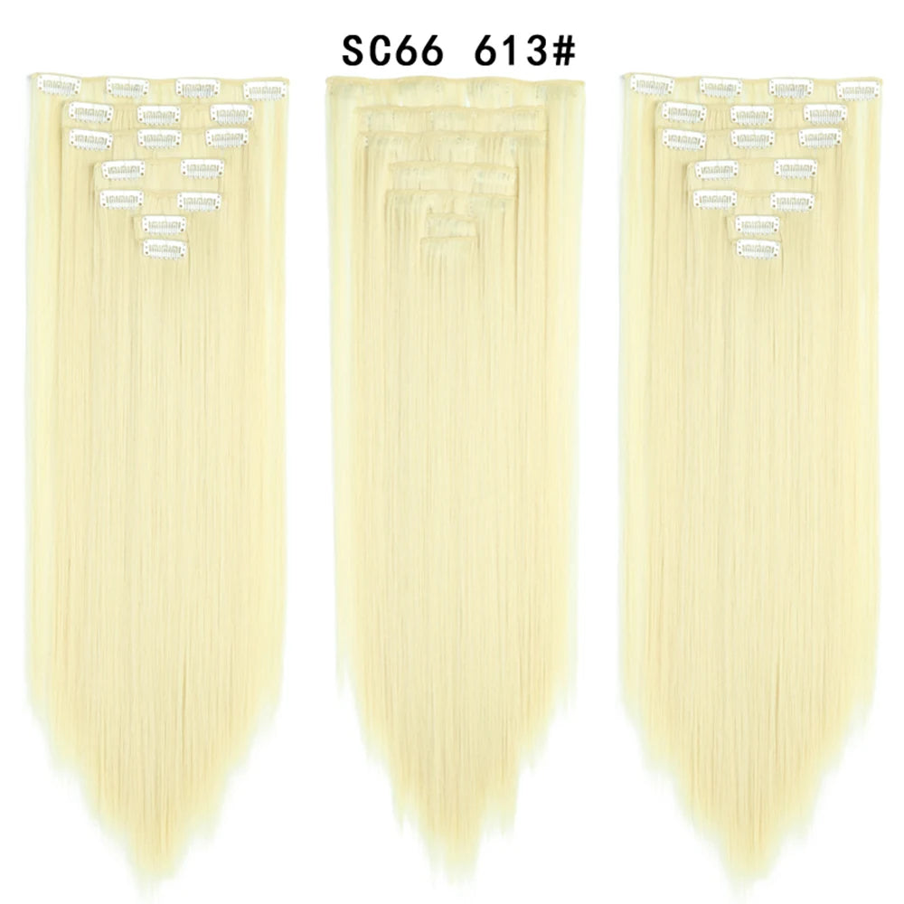 Buabuda-extensiones de cabello sintético largo y liso, 16Clips, fibra de alta temperatura, color rubio, negro y marrón
