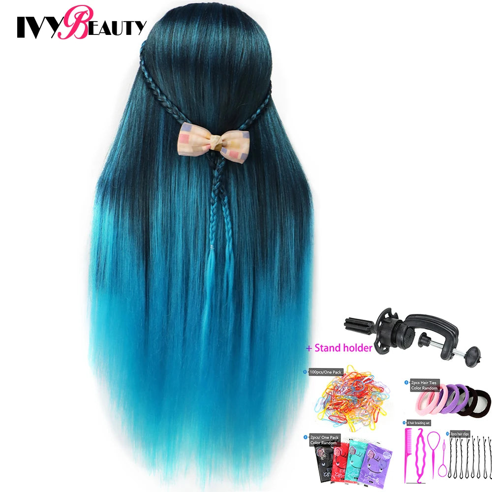 Cabeza de muñeca de maniquí de cosmetología con pelo de Color arcoíris para trenzar el cabello, entrenamiento de peinado, exhibición de salón de peluquería