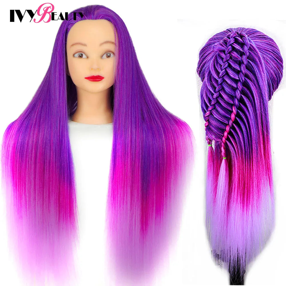 Cabeza de muñeca de maniquí de cosmetología con pelo de Color arcoíris para trenzar el cabello, entrenamiento de peinado, exhibición de salón de peluquería
