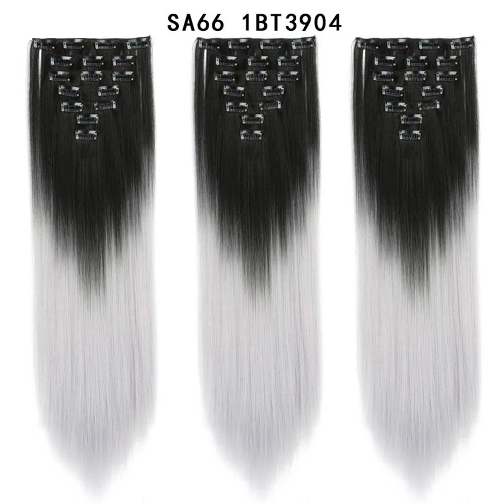 Buabuda-extensiones de cabello sintético largo y liso, 16Clips, fibra de alta temperatura, color rubio, negro y marrón