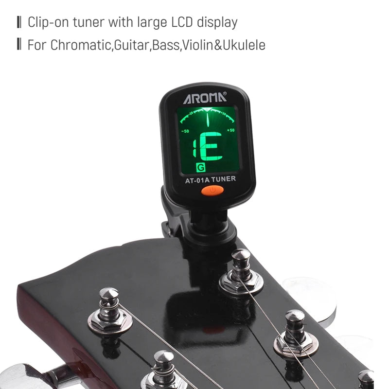 Afinador de guitarra AROMA AT-01A, sintonizador giratorio con Clip, pantalla LCD para guitarra acústica cromática, bajo, ukelele, accesorios para guitarra