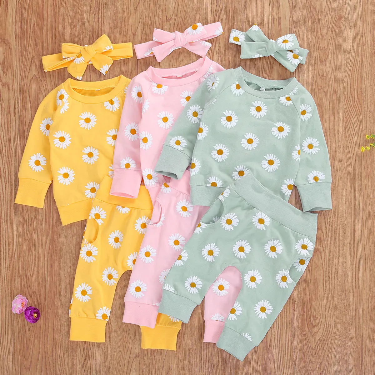 Trajes de algodón transpirables para bebé, niño y niña, sudadera de manga larga con estampado de margaritas, pantalones y Diadema con lazo, 3 uds.