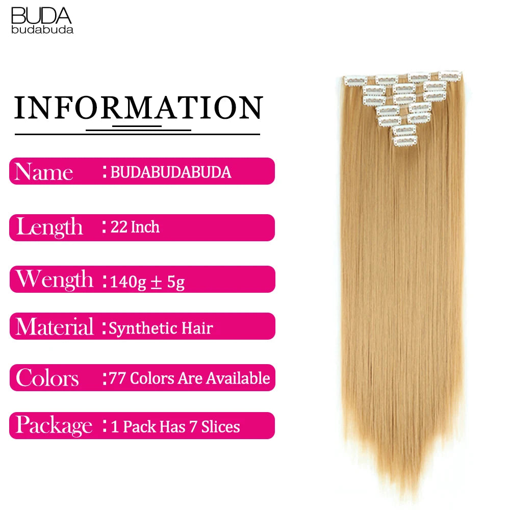 Buabuda-extensiones de cabello sintético largo y liso, 16Clips, fibra de alta temperatura, color rubio, negro y marrón