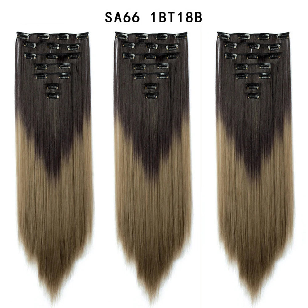 Buabuda-extensiones de cabello sintético largo y liso, 16Clips, fibra de alta temperatura, color rubio, negro y marrón