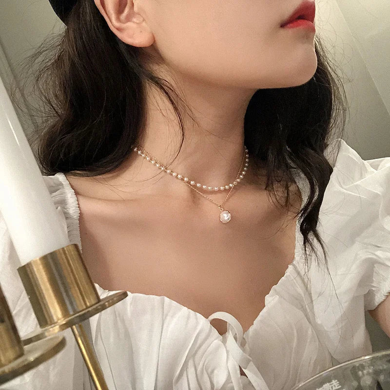 Gargantilla de perlas Kpop para mujer, collar con colgante de cadena de doble capa, regalo para niña, joyería, novedad de 2021