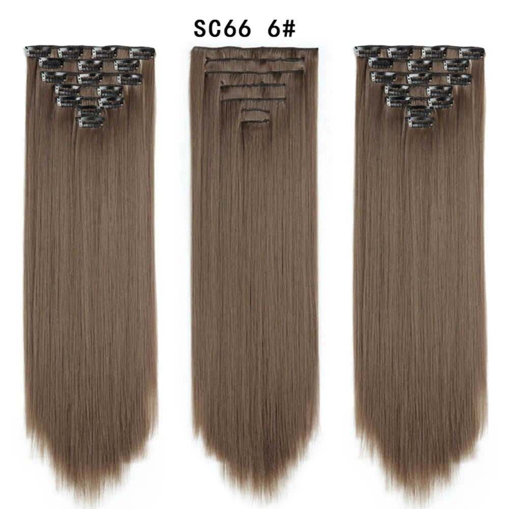 Buabuda-extensiones de cabello sintético largo y liso, 16Clips, fibra de alta temperatura, color rubio, negro y marrón