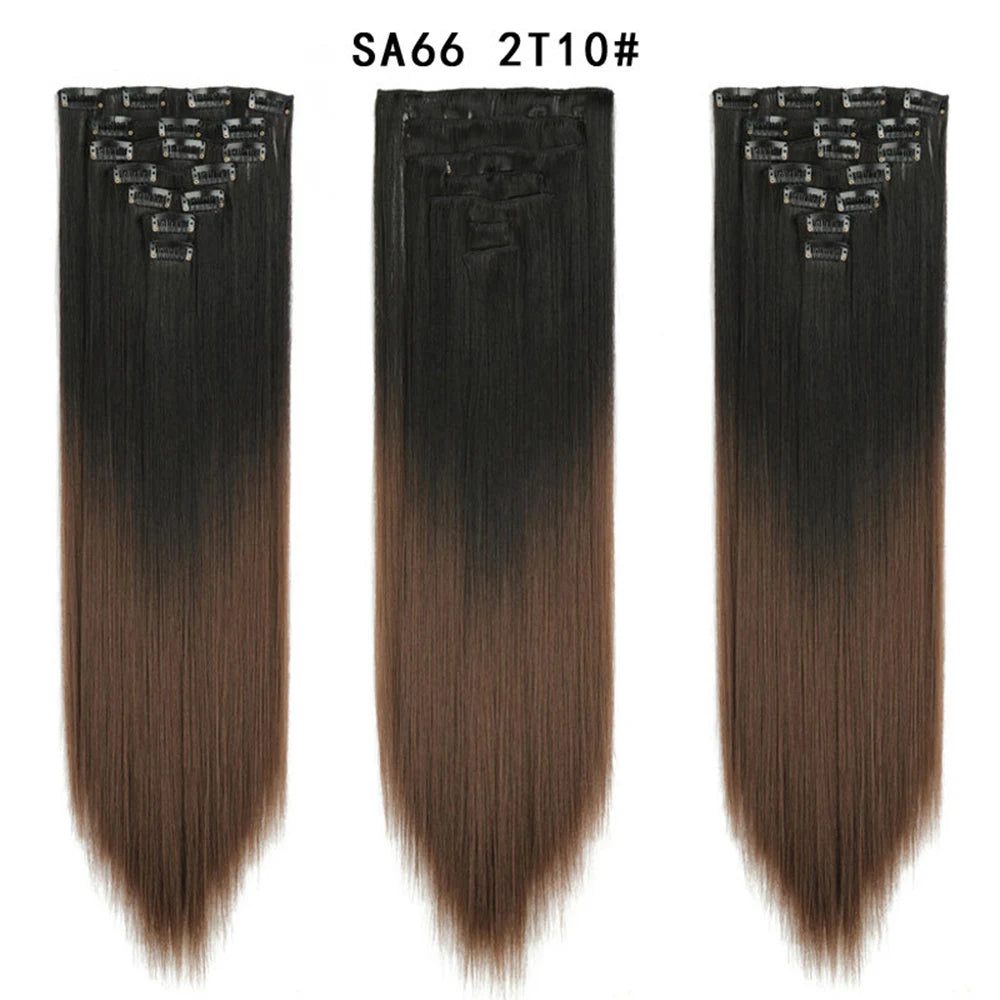 Buabuda-extensiones de cabello sintético largo y liso, 16Clips, fibra de alta temperatura, color rubio, negro y marrón