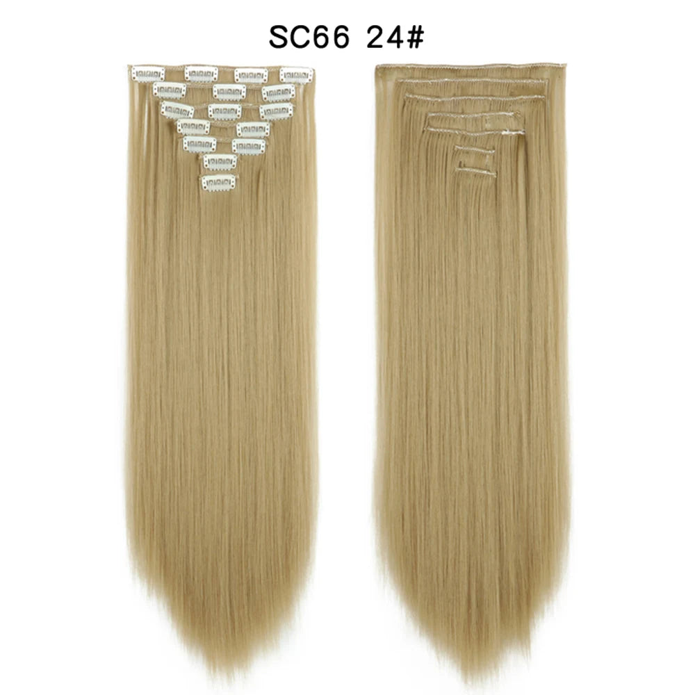 Buabuda-extensiones de cabello sintético largo y liso, 16Clips, fibra de alta temperatura, color rubio, negro y marrón