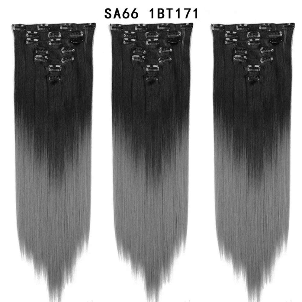 Buabuda-extensiones de cabello sintético largo y liso, 16Clips, fibra de alta temperatura, color rubio, negro y marrón