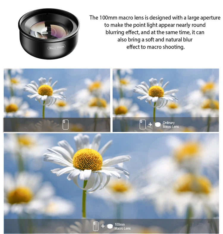 APEXEL nueva llegada 4k HD 100mm macro Micro lente con filtro CPL abrazadera multifuncional para iPhone Samsung y todos los teléfonos inteligentes