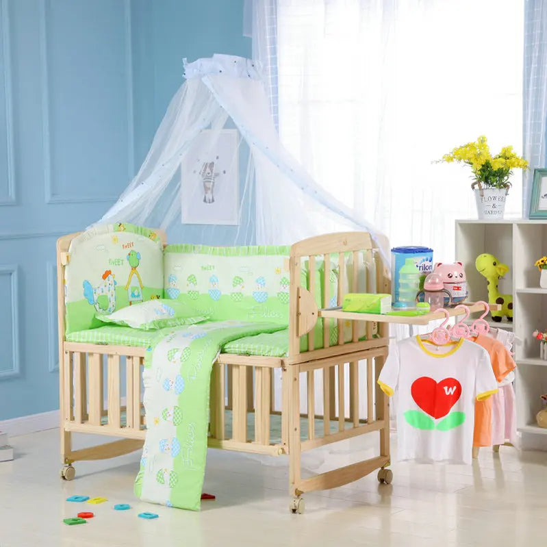 Beedome Pine Baby Cuna con estante, puede extender a una cama para niños de 1,4 metros, mecedora con 4 ruedas