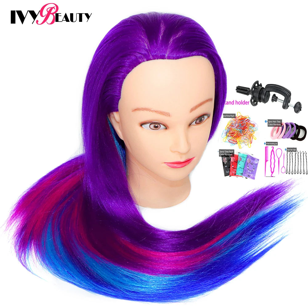 Cabeza de muñeca de maniquí de cosmetología con pelo de Color arcoíris para trenzar el cabello, entrenamiento de peinado, exhibición de salón de peluquería