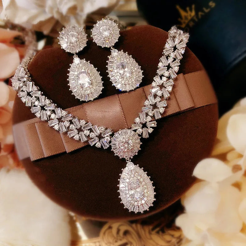 Conjuntos de joyería nupcial para mujer, pendientes de gota de aguja de plata S925, collares, colgantes, corona, boda, accesorios de circonita cúbica