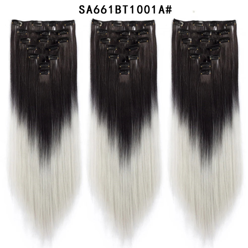 Buabuda-extensiones de cabello sintético largo y liso, 16Clips, fibra de alta temperatura, color rubio, negro y marrón