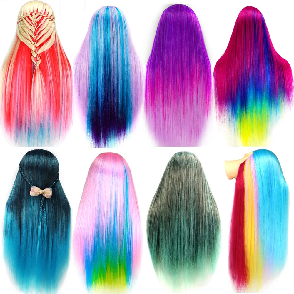 Cabeza de muñeca de maniquí de cosmetología con pelo de Color arcoíris para trenzar el cabello, entrenamiento de peinado, exhibición de salón de peluquería