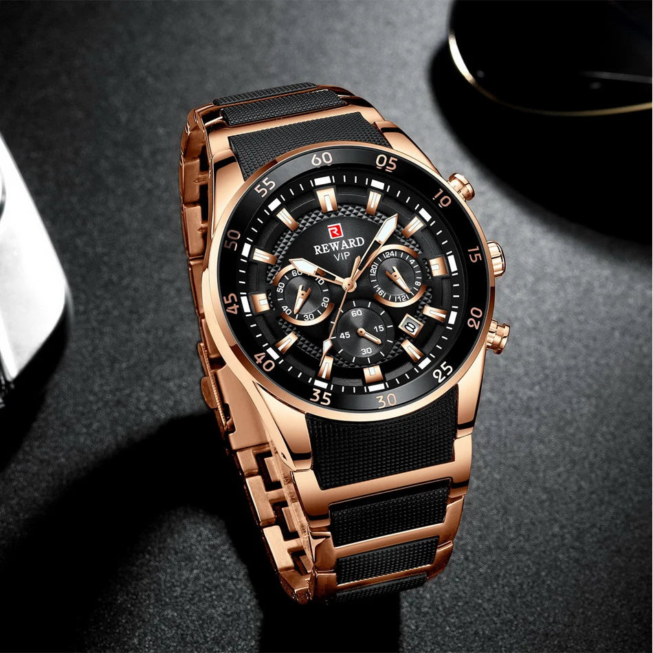 REWARD Relojes para hombre con esfera grande, marca de lujo, reloj deportivo resistente al agua, cronógrafo para hombre, reloj de cuarzo, relojes de pulsera con fecha automática