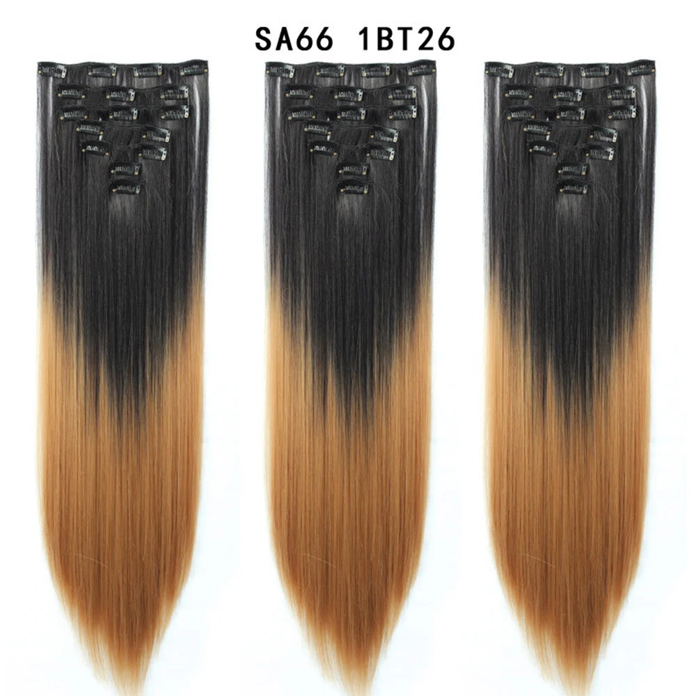 Buabuda-extensiones de cabello sintético largo y liso, 16Clips, fibra de alta temperatura, color rubio, negro y marrón