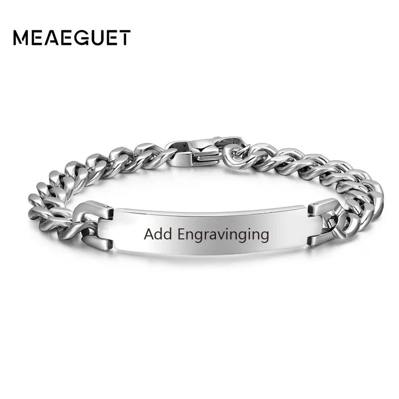 Pulsera de acero inoxidable con identificación de cadena para hombre, brazalete personalizado de Color plateado, barra personalizada con nombres, iniciales, fecha, joyería masculina