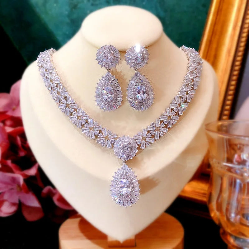Conjuntos de joyería nupcial para mujer, pendientes de gota de aguja de plata S925, collares, colgantes, corona, boda, accesorios de circonita cúbica