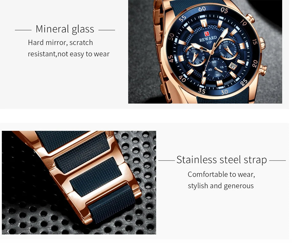 REWARD Relojes para hombre con esfera grande, marca de lujo, reloj deportivo resistente al agua, cronógrafo para hombre, reloj de cuarzo, relojes de pulsera con fecha automática