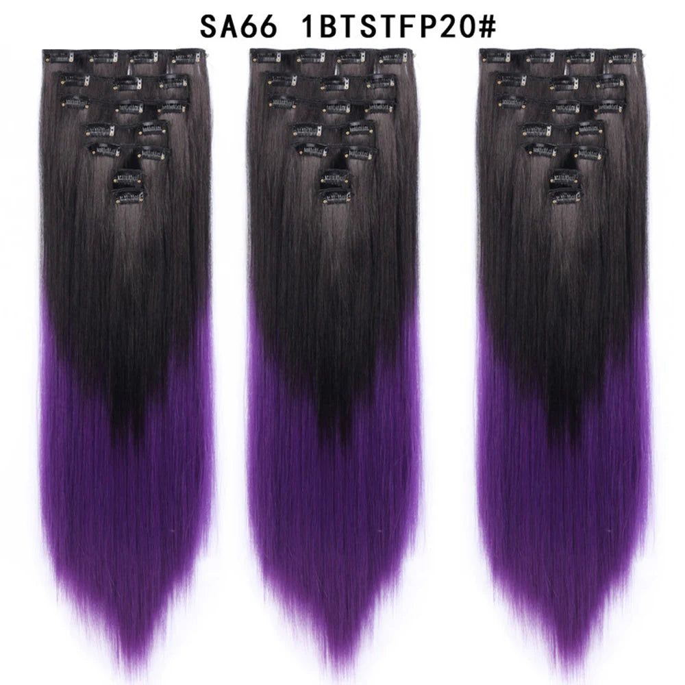 Buabuda-extensiones de cabello sintético largo y liso, 16Clips, fibra de alta temperatura, color rubio, negro y marrón