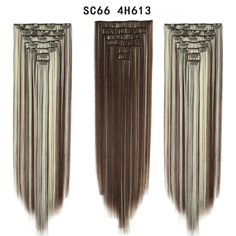 Buabuda-extensiones de cabello sintético largo y liso, 16Clips, fibra de alta temperatura, color rubio, negro y marrón