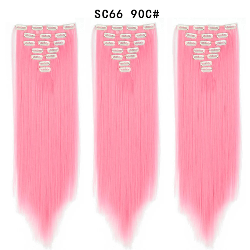 Buabuda-extensiones de cabello sintético largo y liso, 16Clips, fibra de alta temperatura, color rubio, negro y marrón