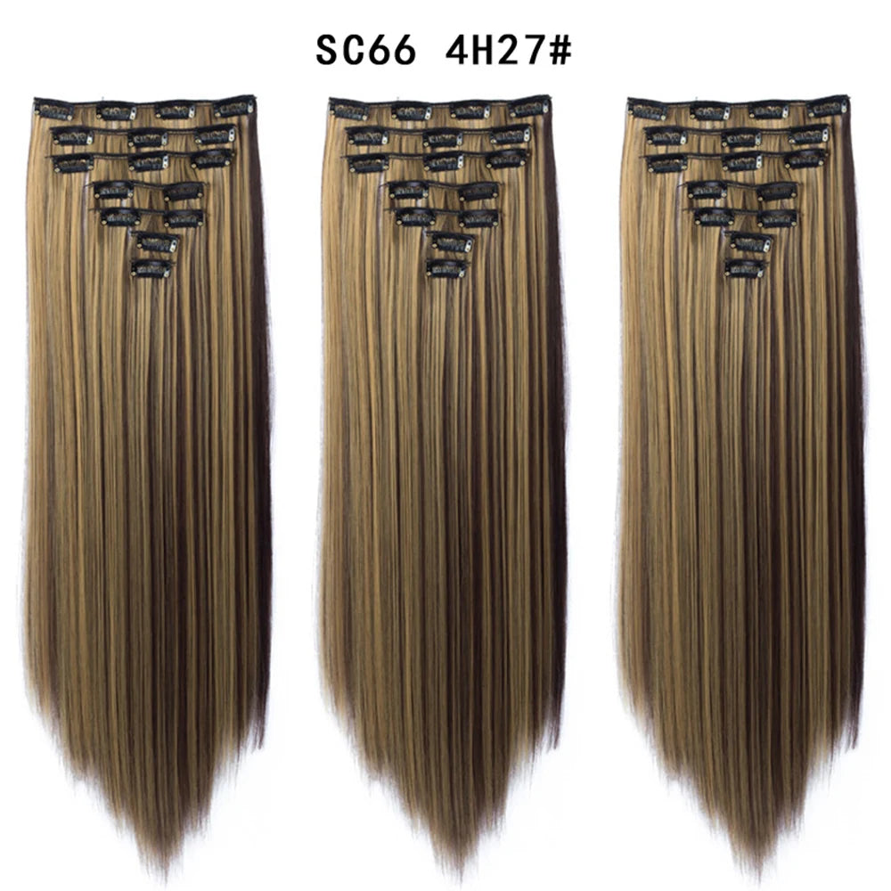 Buabuda-extensiones de cabello sintético largo y liso, 16Clips, fibra de alta temperatura, color rubio, negro y marrón